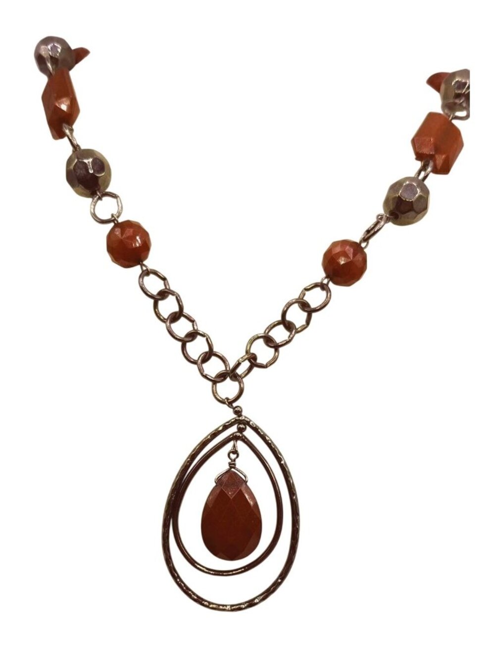 Burgundy Faceted Pendant In Double Hoop Teardrop Shape With Beaded Chain